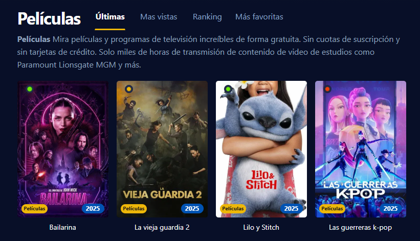 Captura de pantalla de la interfaz de usuario de StreamM4U mostrando pel&iacute;culas y series en alta definici&oacute;n y sin necesidad de registro.